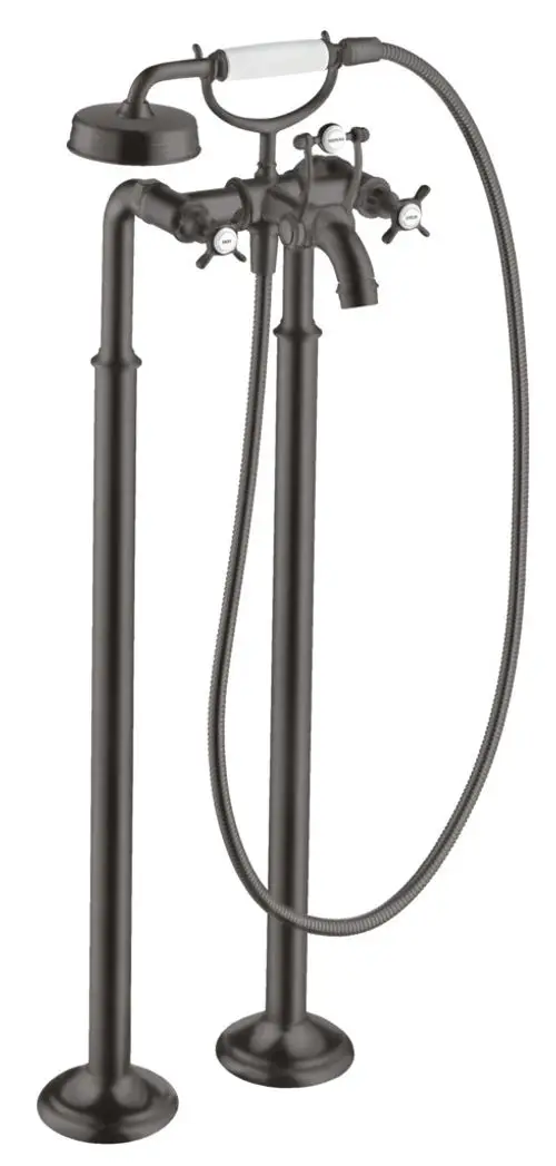 Bodenstehende Armatur mit zwei Kreuzgriffen und einem Handbrauseanschluss in gebürstetem Schwarzchrom von AXOR. Anbindung für Wanneninstallation erkennbar.